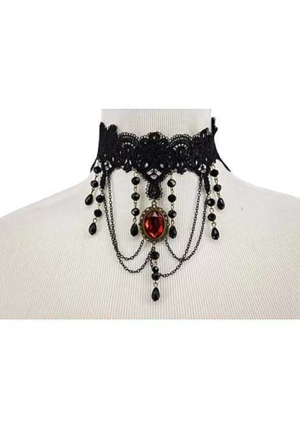 Cheap Bead And Chain Choker With Red Pendant Costume Jewelry