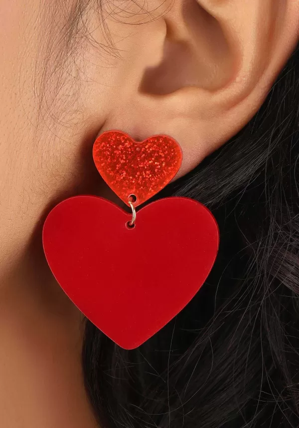 Best Double Heart Drop Lucite Earrings Costume Jewelry