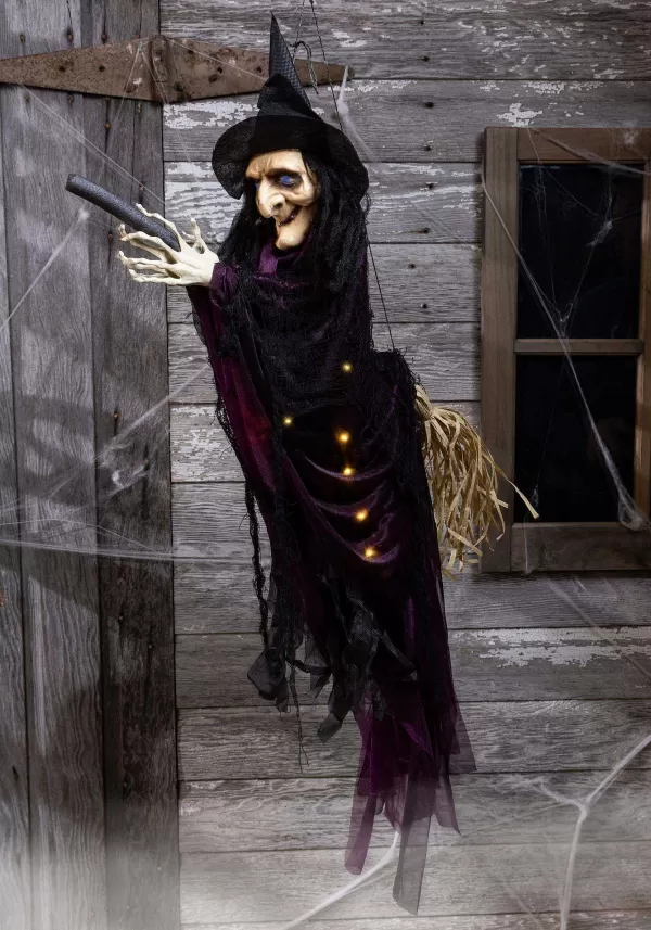 Outlet Flying Scary Witch On Broom With Lights & Voice Decoration Outdoor Decorations