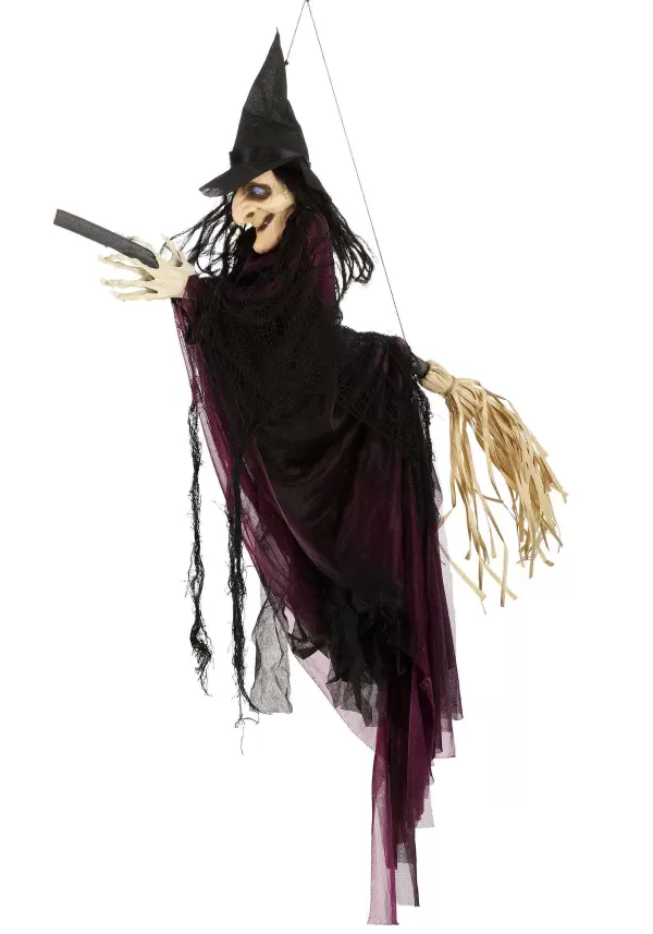 Outlet Flying Scary Witch On Broom With Lights & Voice Decoration Outdoor Decorations