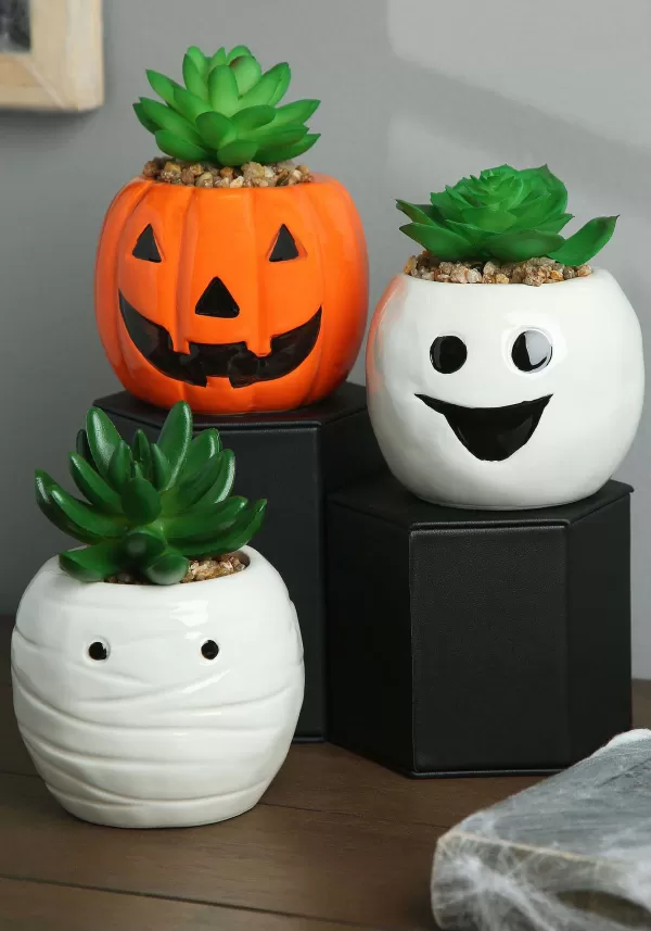 Discount Halloween Pumpkin, Ghost, And Mummy Succulent Planter Set Halloween Props