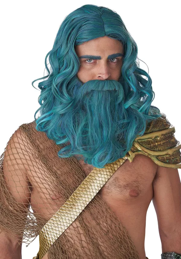 Cheap Teal Ocean King Wig And Beard Set Mustaches / Beards