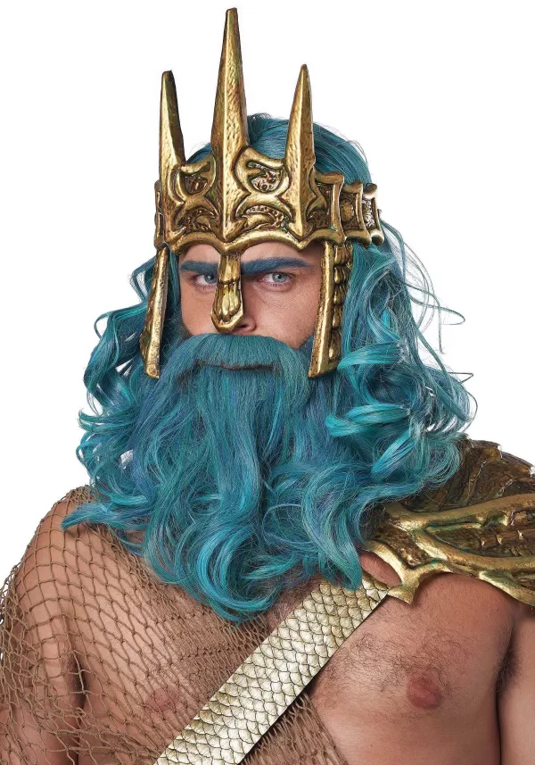 Cheap Teal Ocean King Wig And Beard Set Mustaches / Beards