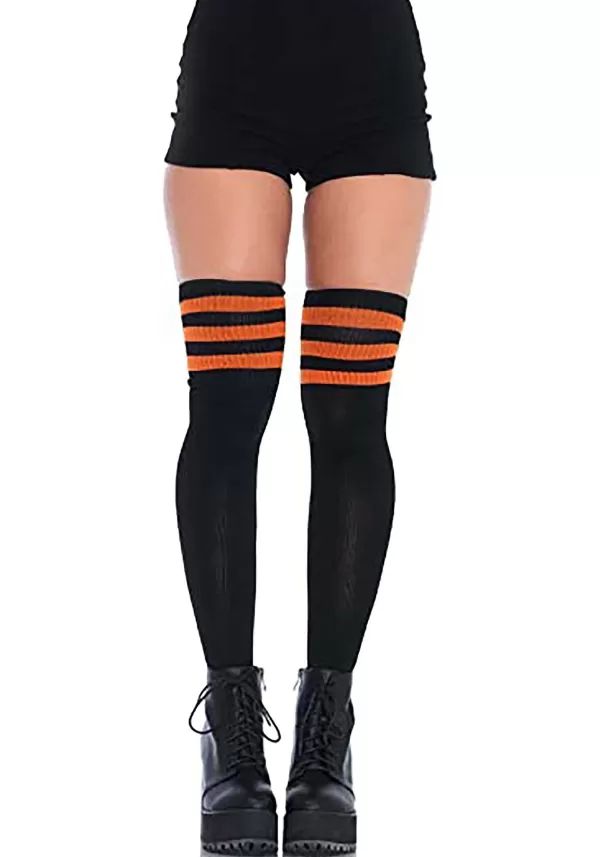 Discount Women'S Athletic Black Thigh High Socks With Orange Stripes Halloween Clothes