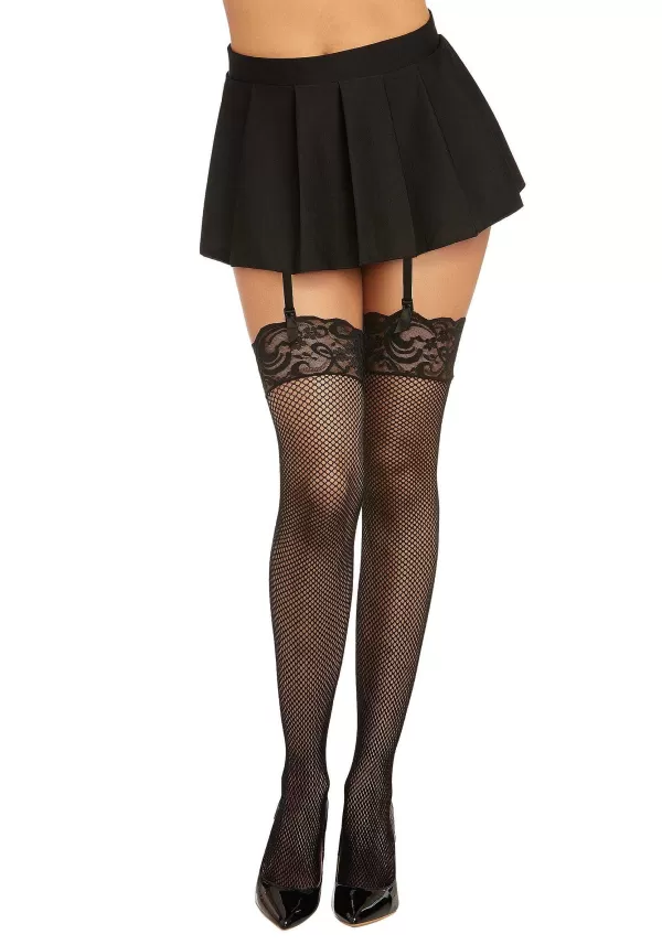 New Women'S Black Thigh High Fishnet Stockings With Scalloped Lace Trim Fishnet Stockings