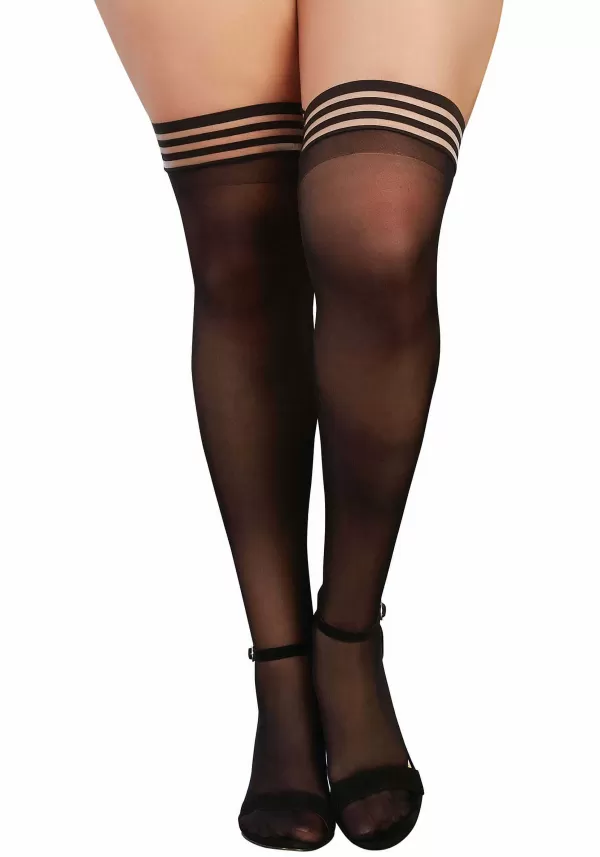 Hot Women'S Plus Size Black Sheer Thigh High Stockings With Striped Elastic Top Band Fishnet Stockings